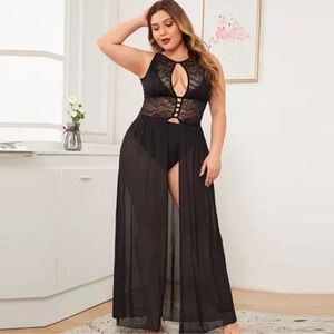 Plus Size Sexy Patchwork Exotic Lingerie Robe - Black 1XL